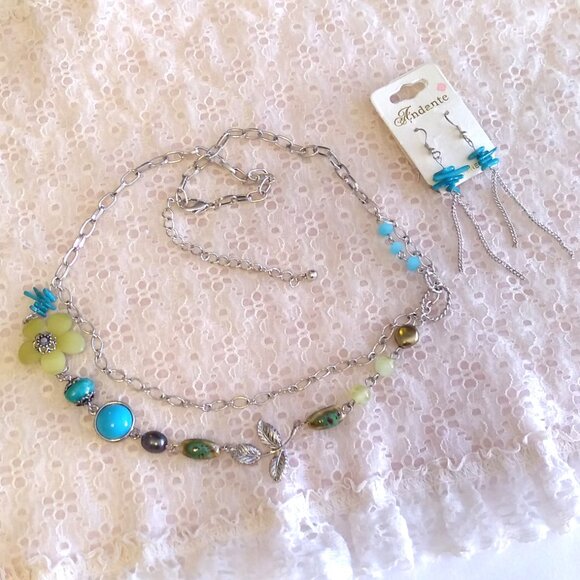 Vintage NEW Andante Handmade Teal Blue Green Beads Silver Necklace & Earrings - Picture 9 of 9